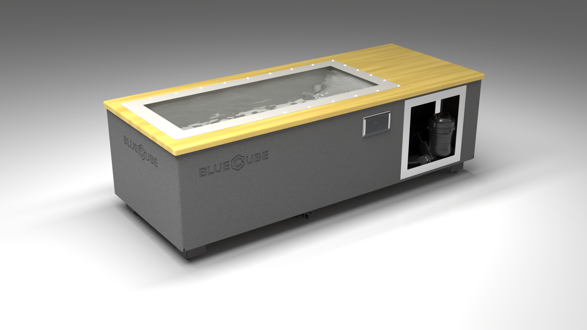 BlueCube C2 cold plunge tub grey with white maple deck with gel coated tub left front view [bc color=grey screen=frame deck=white-maple tub=gel-coated view=fl]