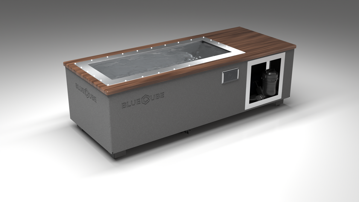 BlueCube C2 cold plunge tub grey with walnut deck left front view [bc color=grey screen=frame deck=walnut tub=stainless view=fl]