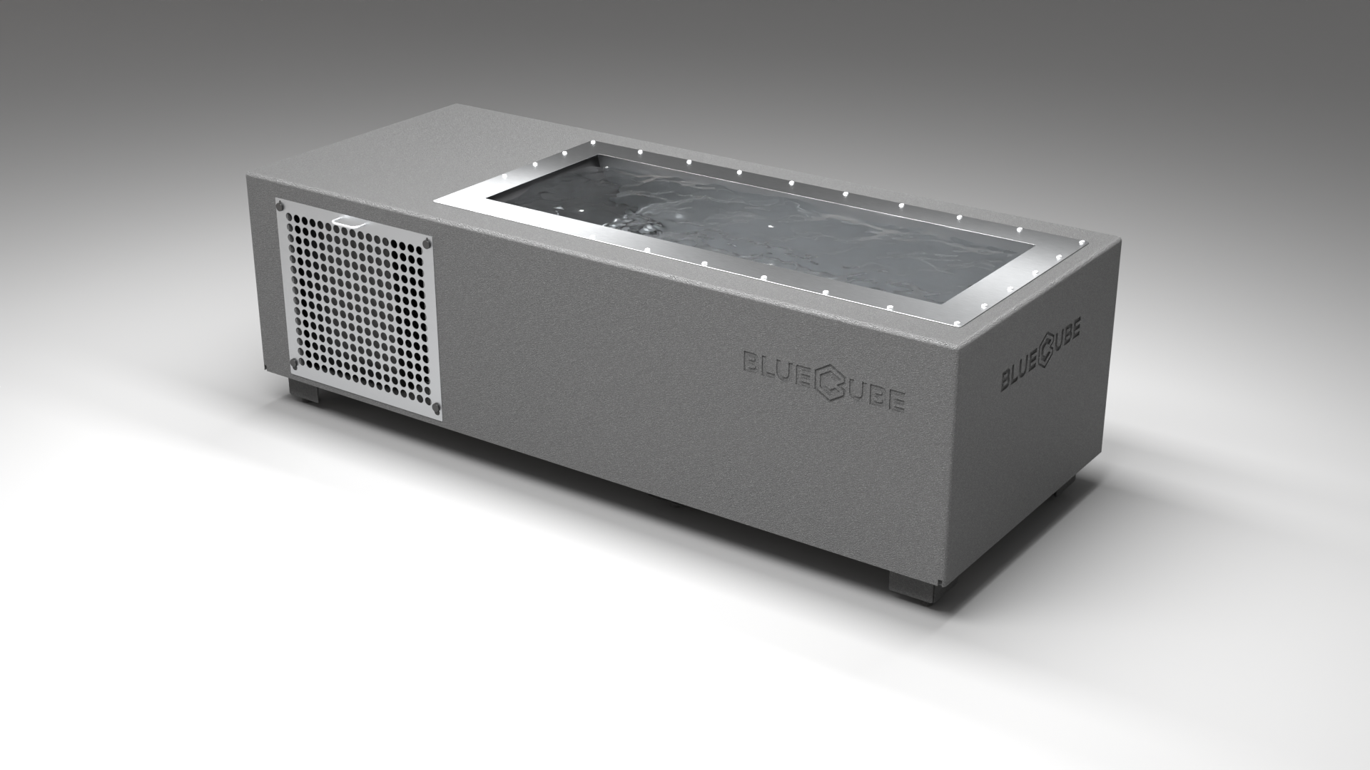 BlueCube C2 cold plunge tub grey with perforated screens left back view [bc color=grey screen=screen deck=none tub=stainless view=bl]