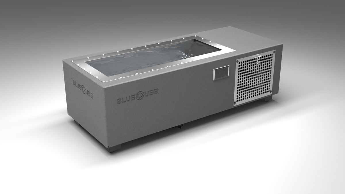 BlueCube C2 cold plunge tub grey with perforated screens left front view [bc color=grey screen=screen deck=none tub=stainless view=fl]