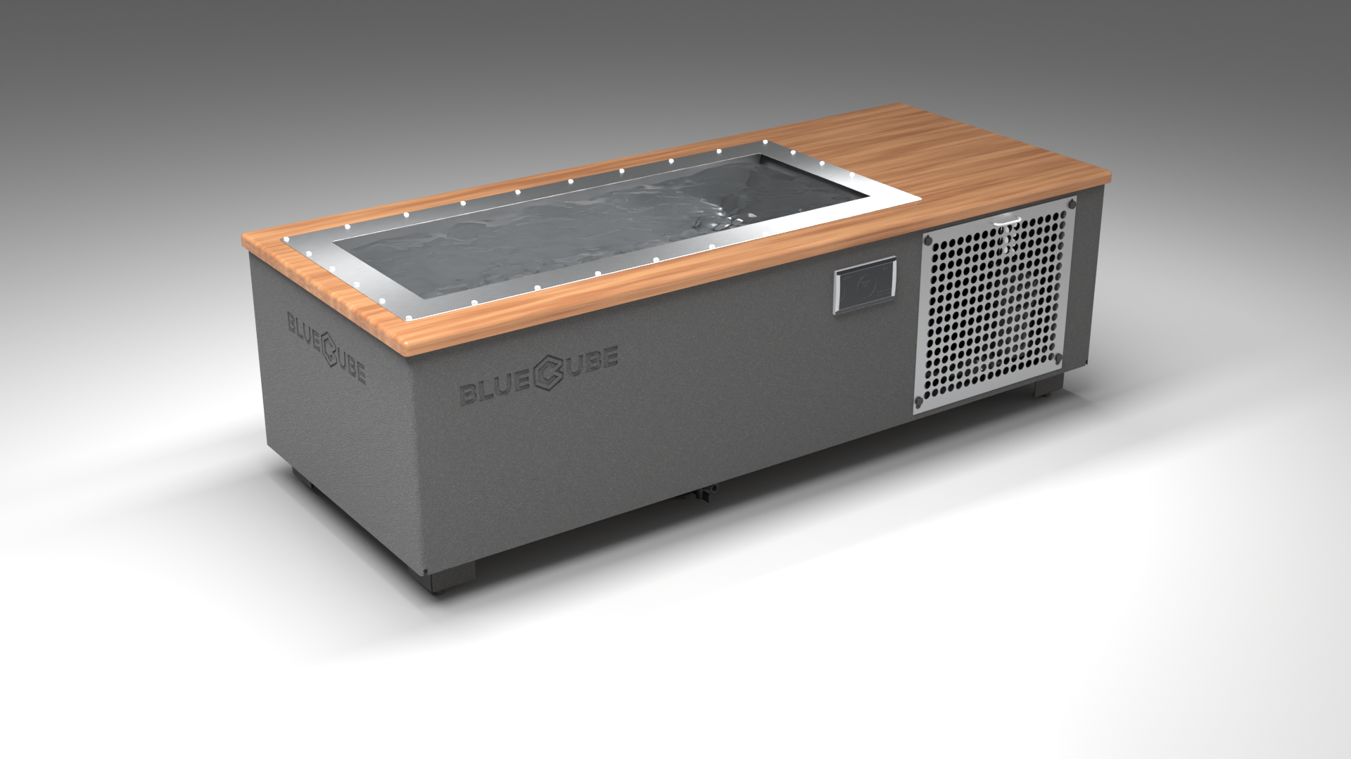 BlueCube C2 cold plunge tub grey with perforated screens with mahogany deck left front view [bc color=grey screen=screen deck=mahogany tub=stainless view=fl]