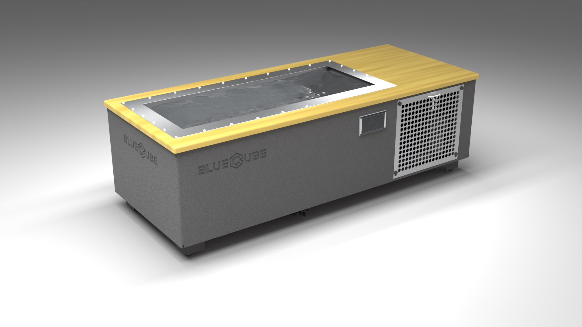 BlueCube C2 cold plunge tub grey with perforated screens with white maple deck left front view [bc color=grey screen=screen deck=white-maple tub=stainless view=fl]