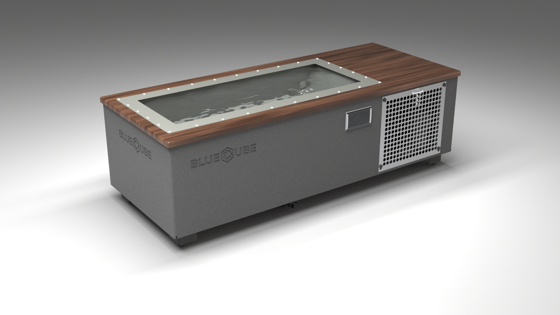BlueCube C2 cold plunge tub grey with perforated screens with walnut deck with hempcarbon tub left front view [bc color=grey screen=screen deck=walnut tub=hempcarbon view=fl]