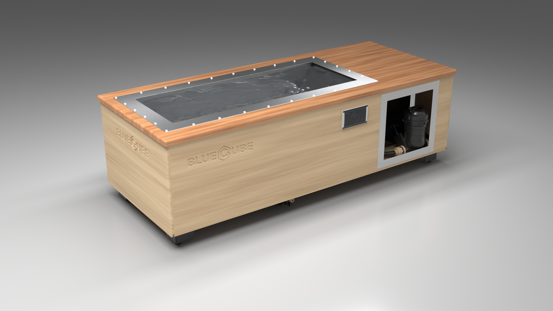 BlueCube C2 cold plunge tub uncladded with mahogany deck left front view [bc color=uncladded screen=frame deck=mahogany tub=stainless view=fl]