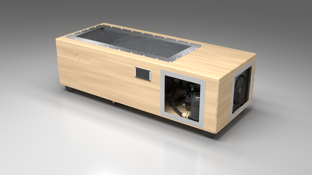BlueCube C2 cold plunge tub uncladded right front view [bc color=uncladded screen=frame deck=none tub=stainless view=fr]