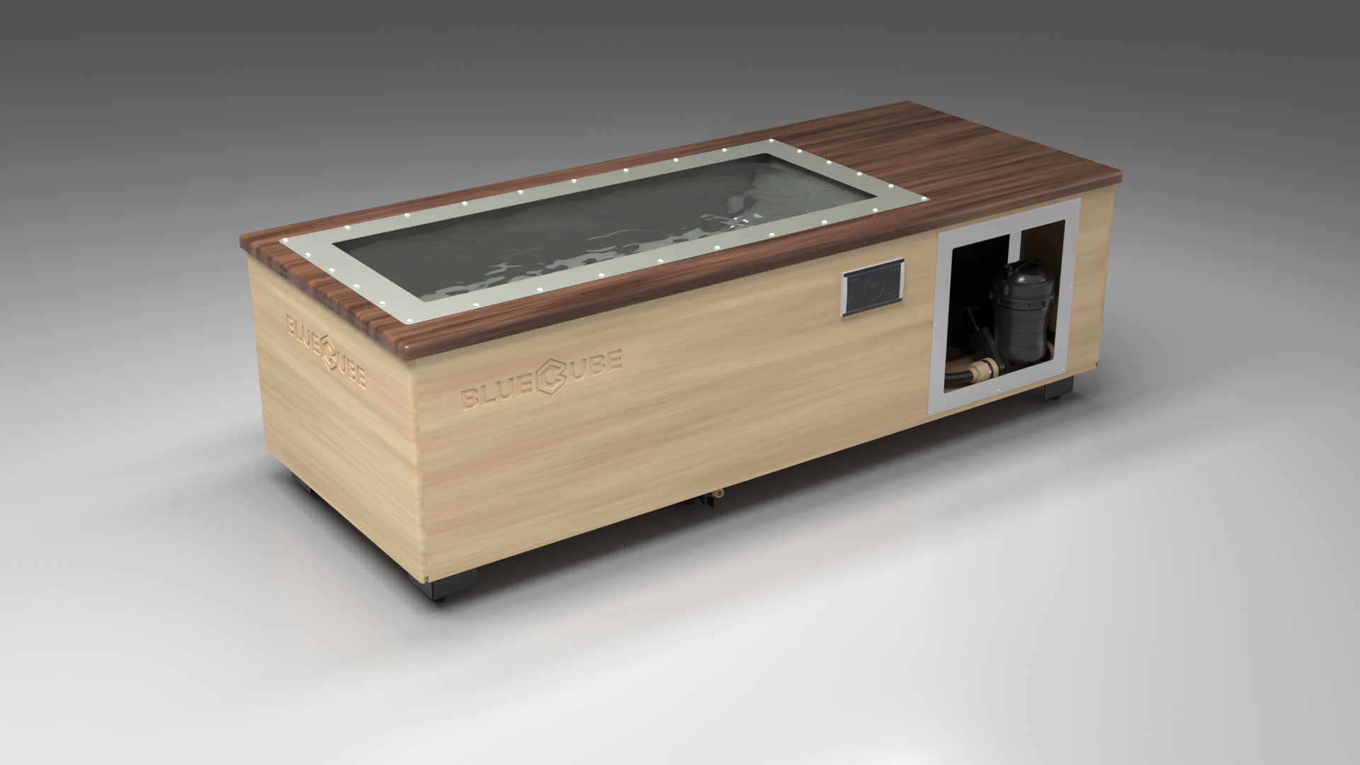 BlueCube C2 cold plunge tub uncladded with walnut deck with hempcarbon tub left front view [bc color=uncladded screen=frame deck=walnut tub=hempcarbon view=fl]