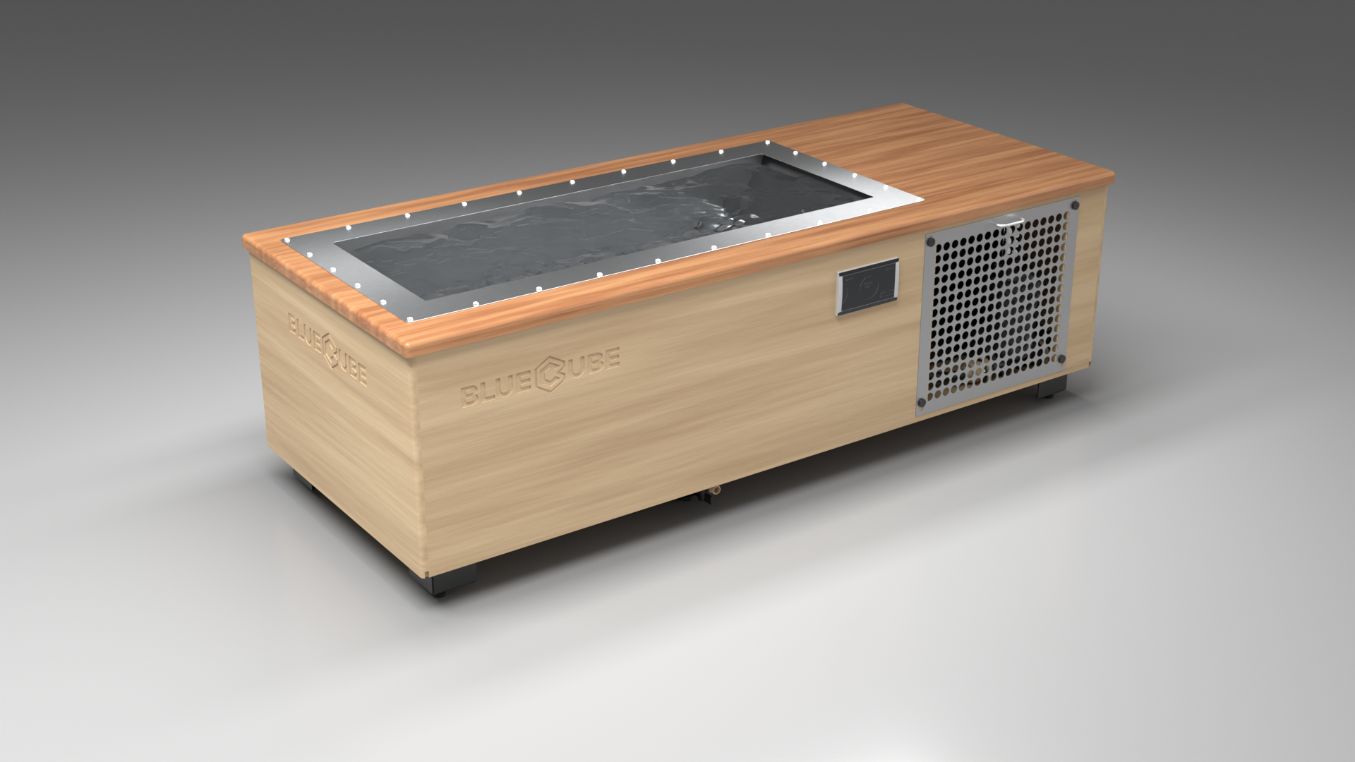 BlueCube C2 cold plunge tub uncladded with perforated screens with mahogany deck left front view [bc color=uncladded screen=screen deck=mahogany tub=stainless view=fl]