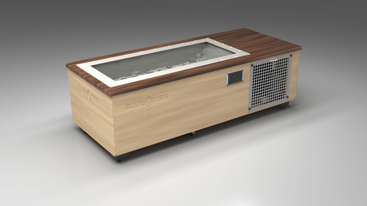 BlueCube C2 cold plunge tub uncladded with perforated screens with walnut deck with gel coated tub left front view [bc color=uncladded screen=screen deck=walnut tub=gel-coated view=fl]