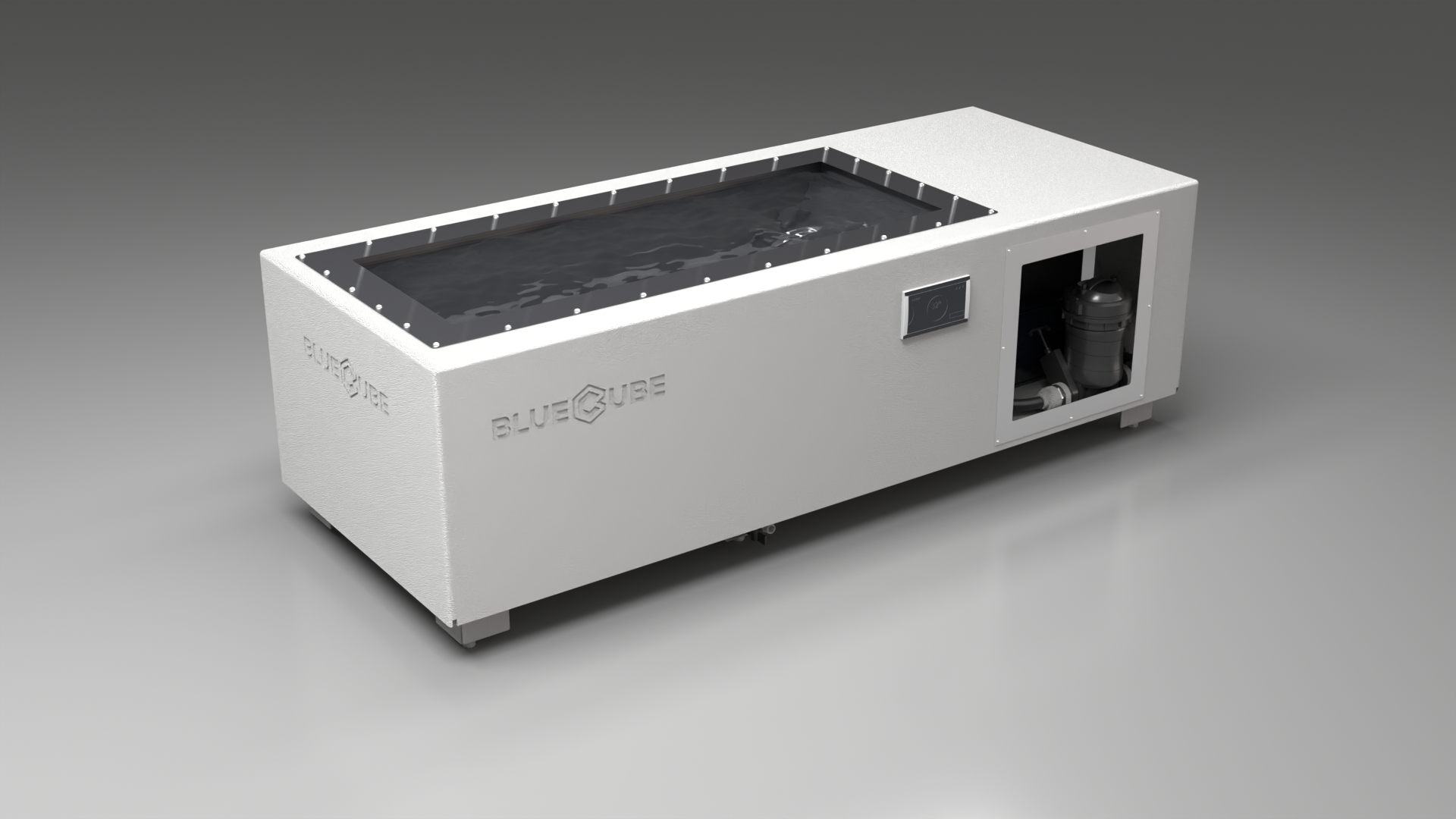 BlueCube C2 cold plunge tub white with carbon fiber tub left front view [bc color=white screen=frame deck=none tub=carbon-fiber view=fl]