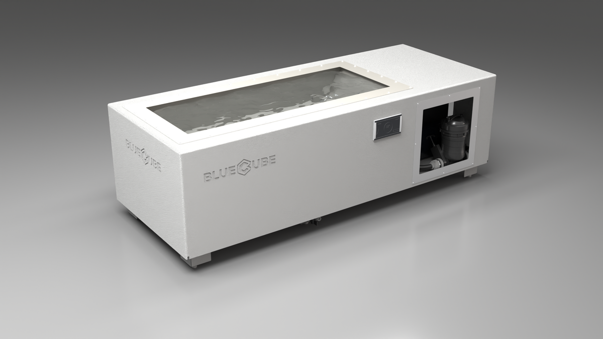BlueCube C2 cold plunge tub white with gel coated tub left front view [bc color=white screen=frame deck=none tub=gel-coated view=fl]