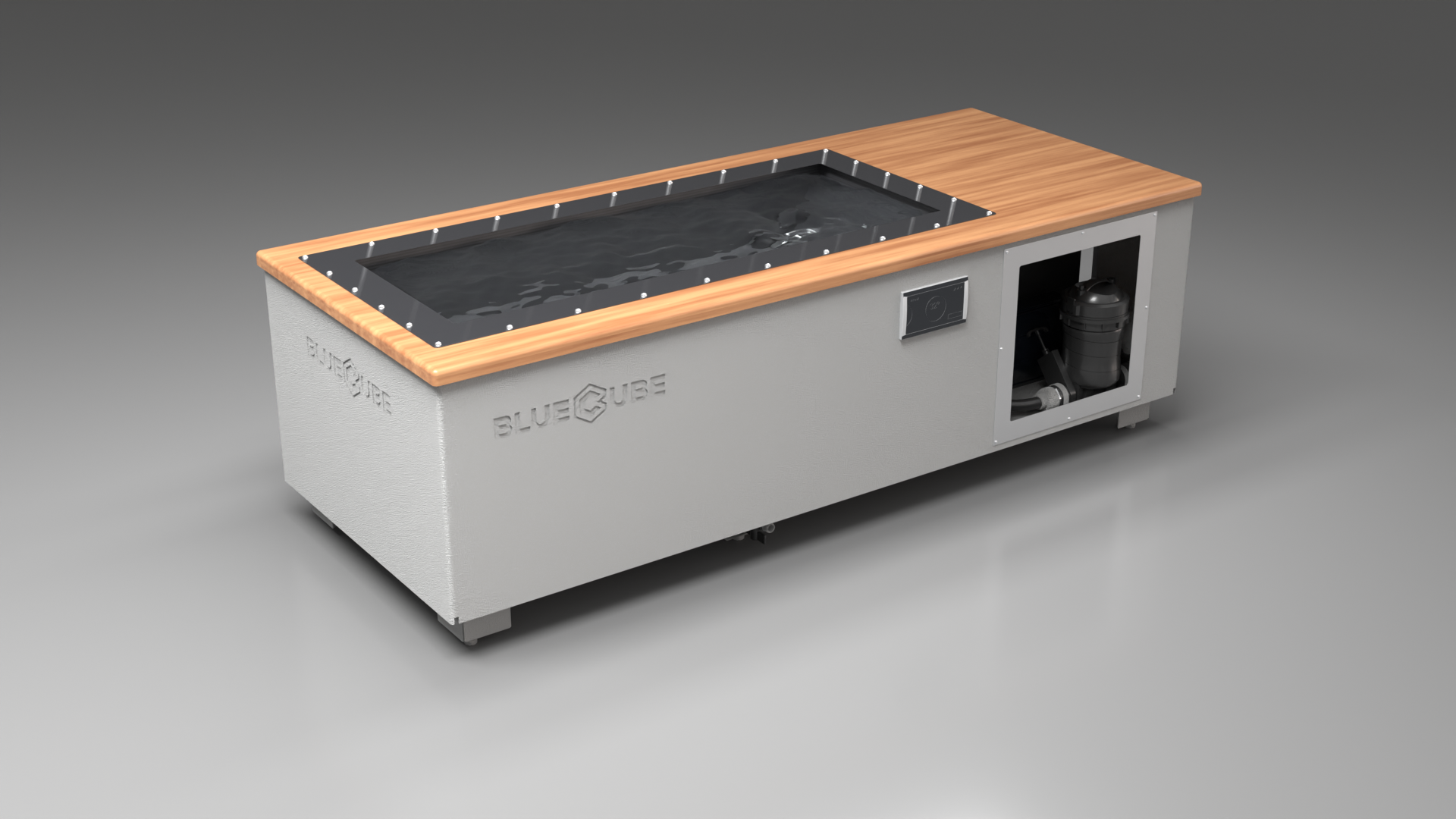 BlueCube C2 cold plunge tub white with mahogany deck with carbon fiber tub left front view [bc color=white screen=frame deck=mahogany tub=carbon-fiber view=fl]