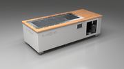 BlueCube C2 cold plunge tub white with mahogany deck left front view [bc color=white screen=frame deck=mahogany tub=stainless view=fl]