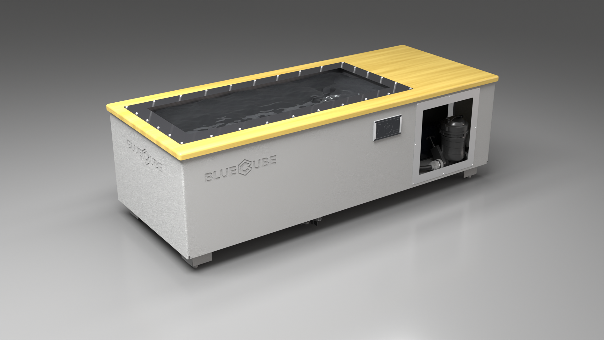 BlueCube C2 cold plunge tub white with white maple deck with carbon fiber tub left front view [bc color=white screen=frame deck=white-maple tub=carbon-fiber view=fl]