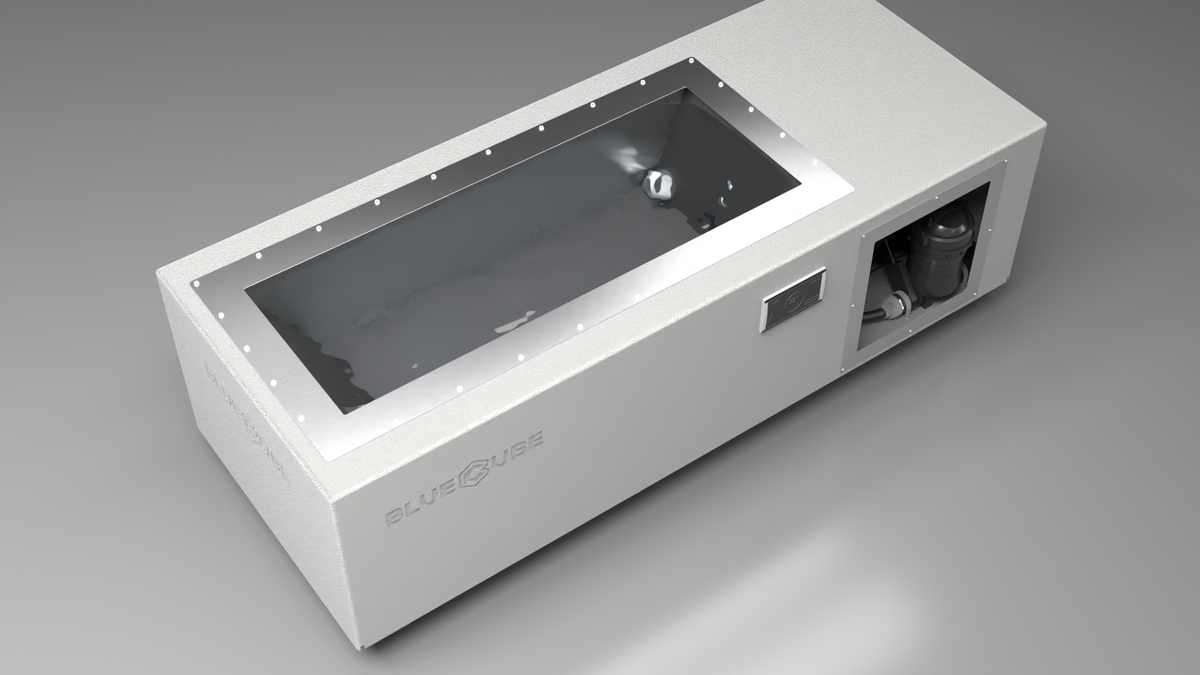 BlueCube C2 cold plunge tub white top down view [bc color=white screen=frame deck=none tub=stainless view=top]