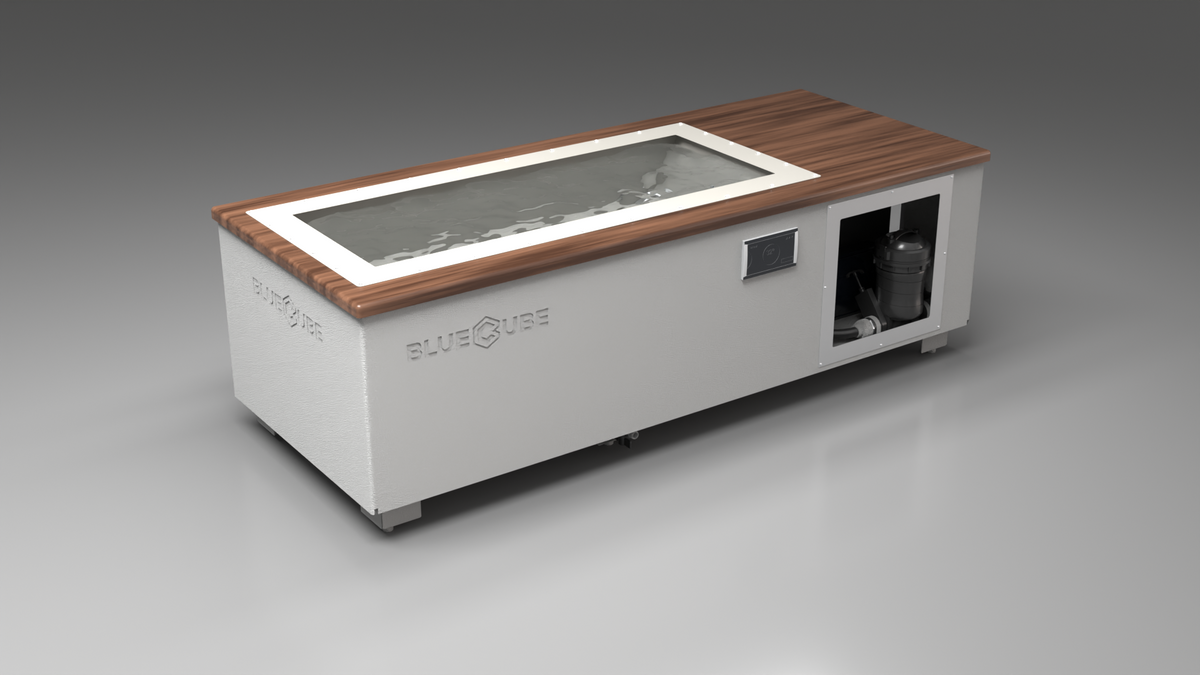 BlueCube C2 cold plunge tub white with walnut deck with gel coated tub left front view [bc color=white screen=frame deck=walnut tub=gel-coated view=fl]
