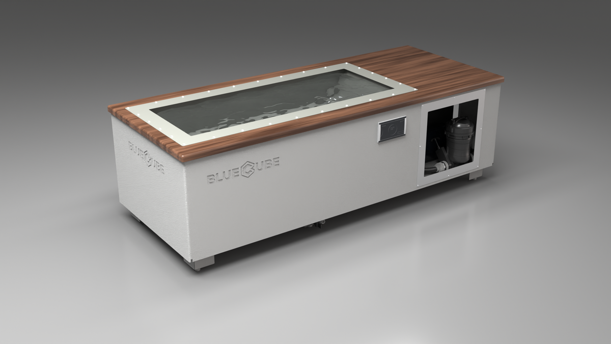 BlueCube C2 cold plunge tub white with walnut deck with hempcarbon tub left front view [bc color=white screen=frame deck=walnut tub=hempcarbon view=fl]