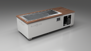 BlueCube C2 cold plunge tub white with walnut deck left front view [bc color=white screen=frame deck=walnut tub=stainless view=fl]