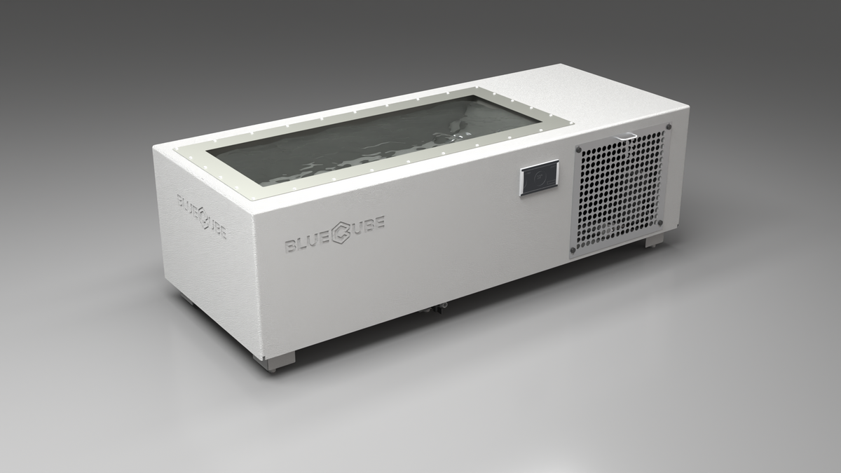 BlueCube C2 cold plunge tub white with perforated screens with hempcarbon tub left front view [bc color=white screen=screen deck=none tub=hempcarbon view=fl]