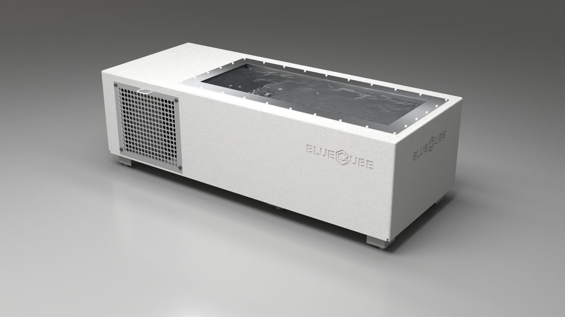 BlueCube C2 cold plunge tub white with perforated screens left back view [bc color=white screen=screen deck=none tub=stainless view=bl]