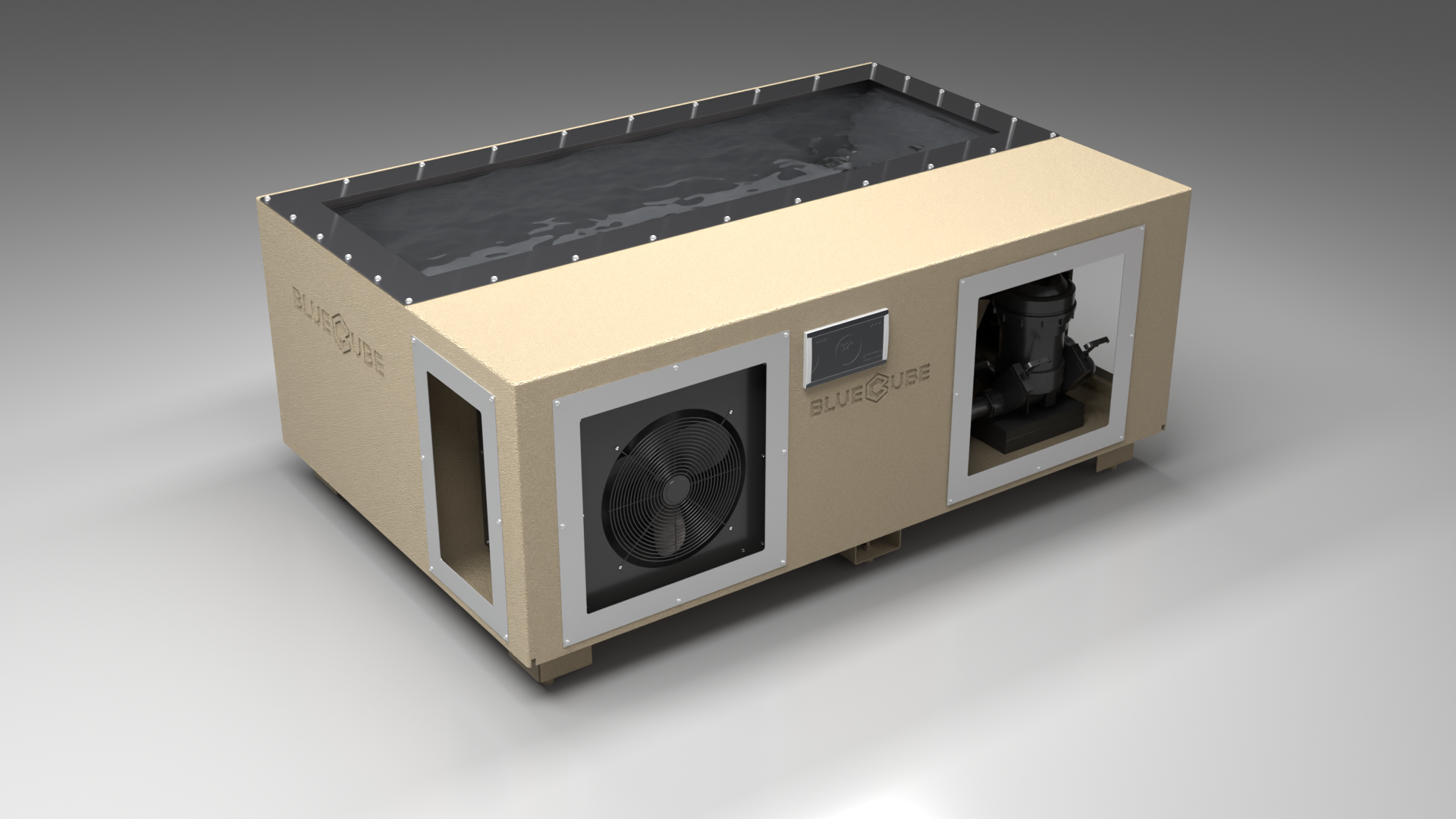 BlueCube C3 cold plunge tub beige with carbon fiber tub left front view [bc color=beige screen=frame deck=none tub=carbon-fiber view=fl]