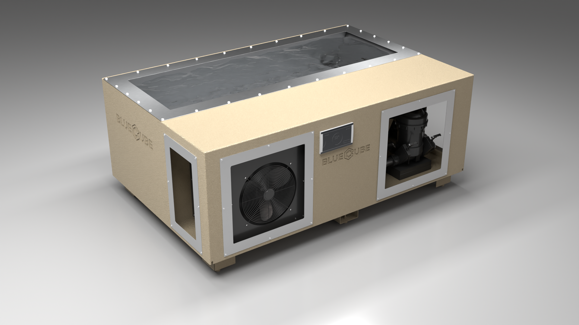 BlueCube C3 cold plunge tub beige left front view [bc color=beige screen=frame deck=none tub=stainless view=fl]