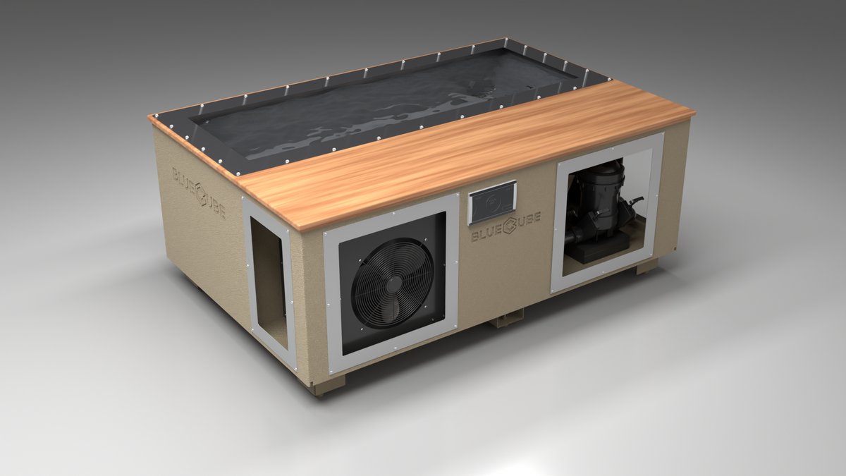 BlueCube C3 cold plunge tub beige with mahogany deck with carbon fiber tub left front view [bc color=beige screen=frame deck=mahogany tub=carbon-fiber view=fl]