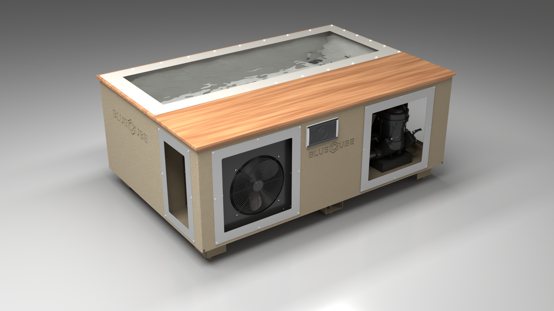 BlueCube C3 cold plunge tub beige with mahogany deck with gel coated tub left front view [bc color=beige screen=frame deck=mahogany tub=gel-coated view=fl]