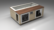 BlueCube C3 cold plunge tub beige with walnut deck with gel coated tub left front view [bc color=beige screen=frame deck=walnut tub=gel-coated view=fl]