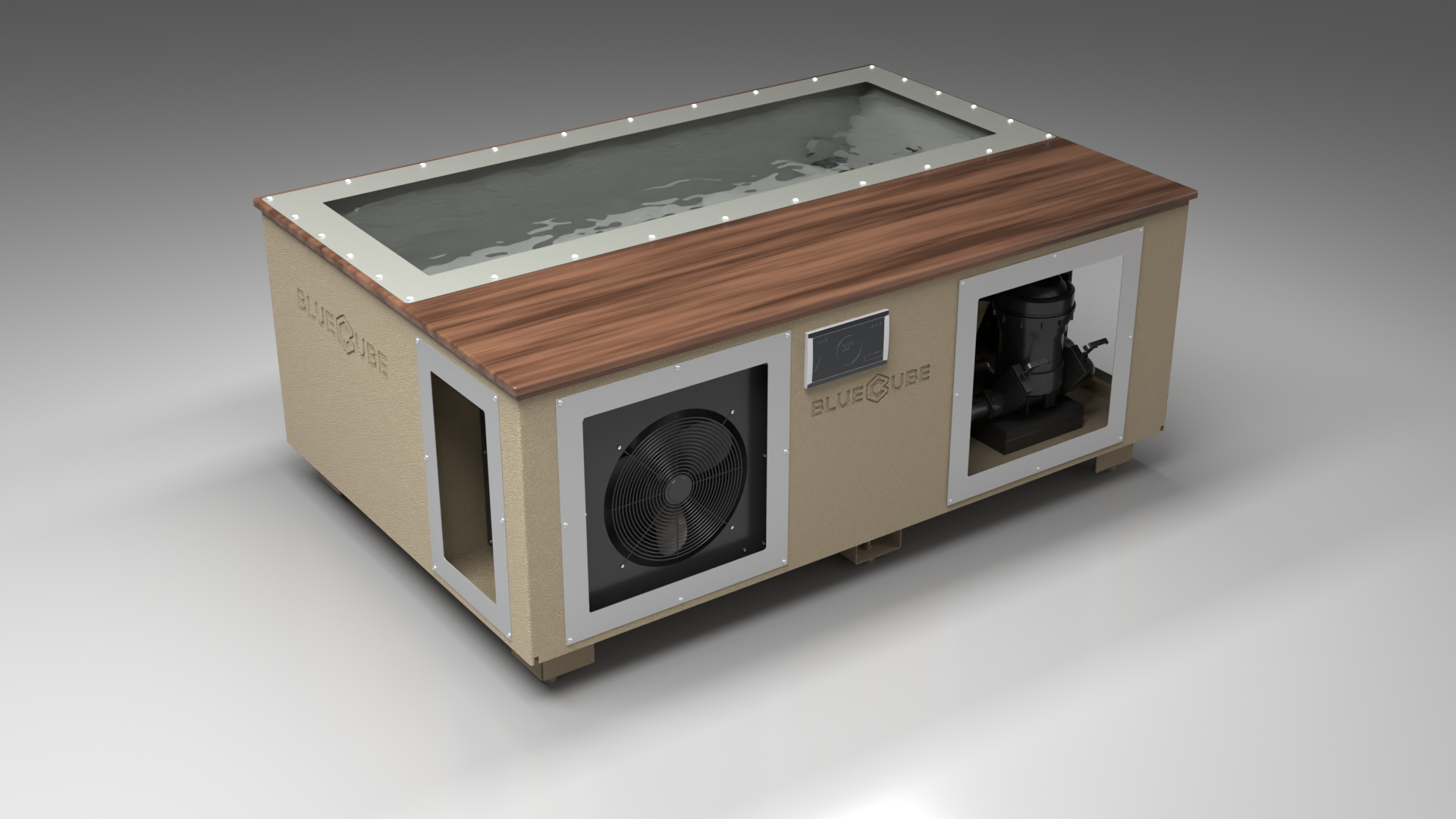BlueCube C3 cold plunge tub beige with walnut deck with hempcarbon tub left front view [bc color=beige screen=frame deck=walnut tub=hempcarbon view=fl]