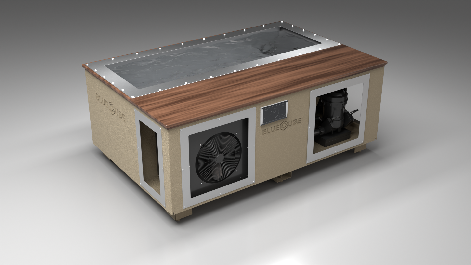 BlueCube C3 cold plunge tub beige with walnut deck left front view [bc color=beige screen=frame deck=walnut tub=stainless view=fl]
