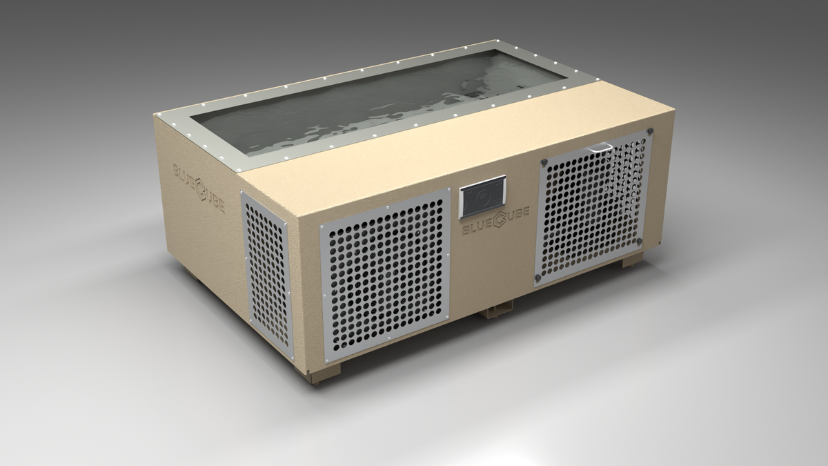 BlueCube C3 cold plunge tub beige with perforated screens with hempcarbon tub left front view [bc color=beige screen=screen deck=none tub=hempcarbon view=fl]