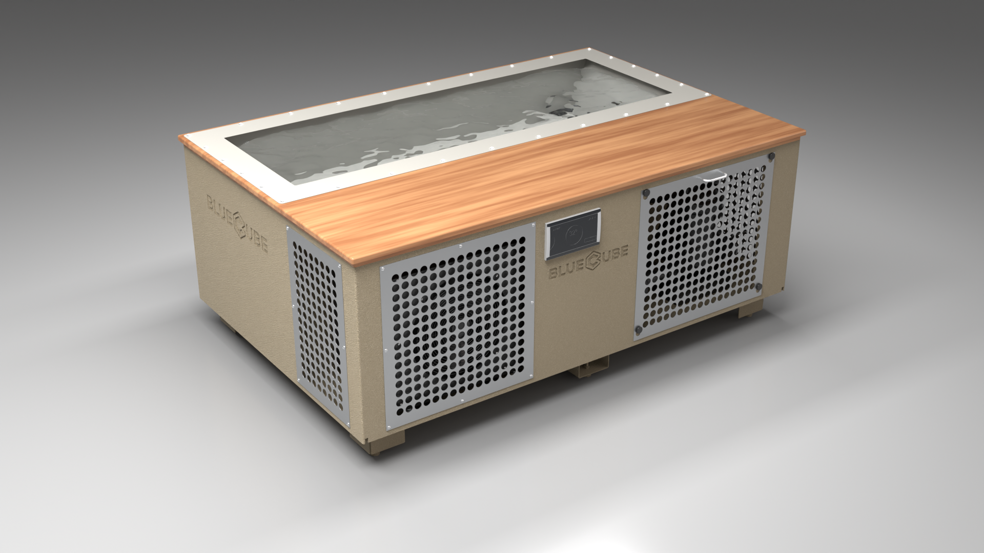 BlueCube C3 cold plunge tub beige with perforated screens with mahogany deck with gel coated tub left front view [bc color=beige screen=screen deck=mahogany tub=gel-coated view=fl]