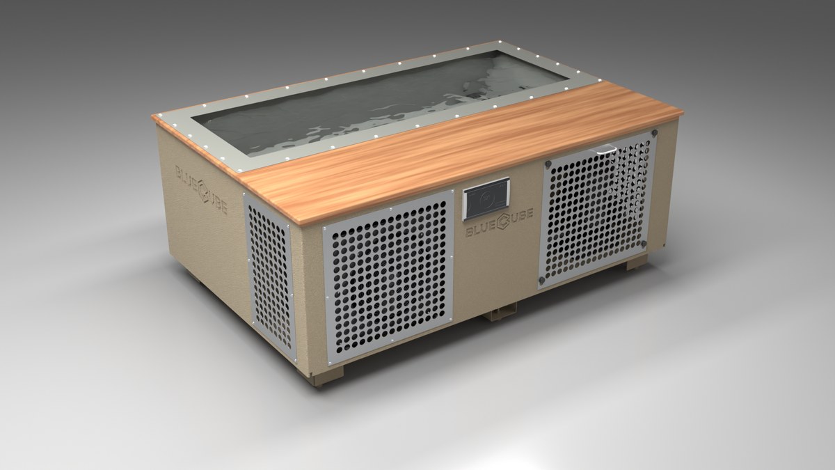 BlueCube C3 cold plunge tub beige with perforated screens with mahogany deck with hempcarbon tub left front view [bc color=beige screen=screen deck=mahogany tub=hempcarbon view=fl]