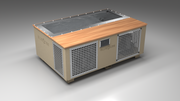 BlueCube C3 cold plunge tub beige with perforated screens with mahogany deck left front view [bc color=beige screen=screen deck=mahogany tub=stainless view=fl]