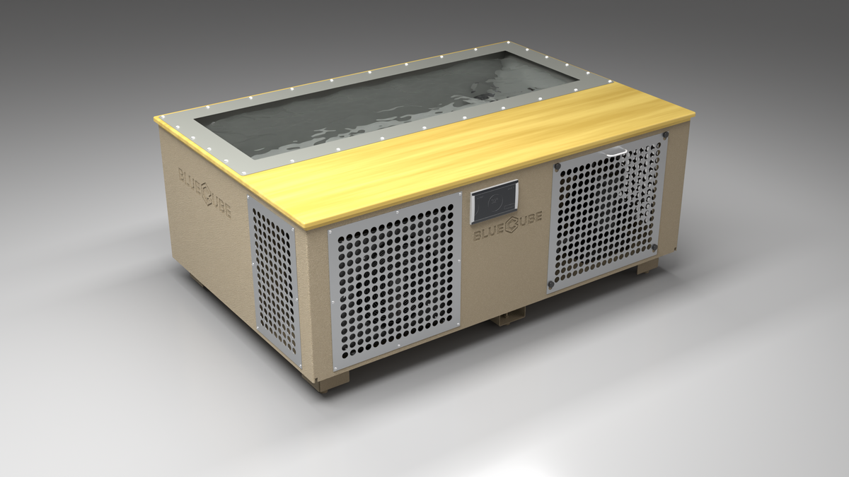 BlueCube C3 cold plunge tub beige with perforated screens with white maple deck with hempcarbon tub left front view [bc color=beige screen=screen deck=white-maple tub=hempcarbon view=fl]