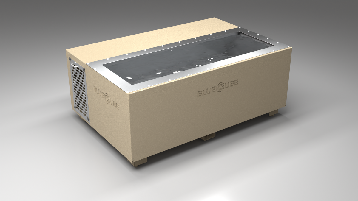 BlueCube C3 cold plunge tub beige with perforated screens right back view [bc color=beige screen=screen deck=none tub=stainless view=br]