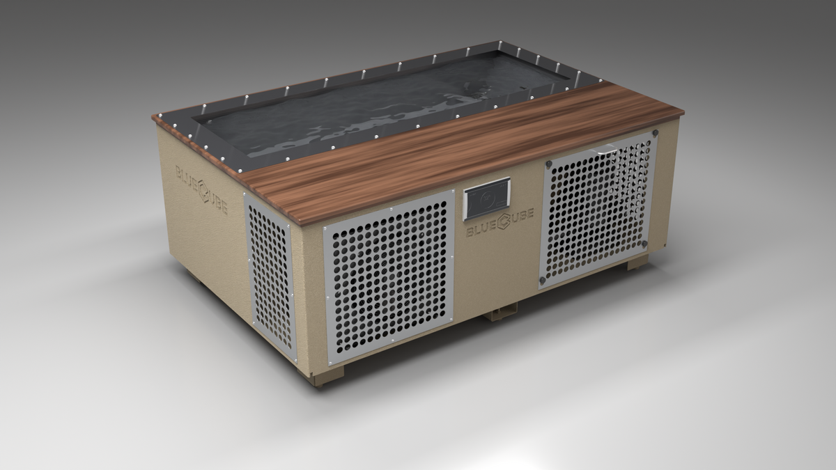 BlueCube C3 cold plunge tub beige with perforated screens with walnut deck with carbon fiber tub left front view [bc color=beige screen=screen deck=walnut tub=carbon-fiber view=fl]