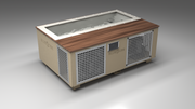 BlueCube C3 cold plunge tub beige with perforated screens with walnut deck with gel coated tub left front view [bc color=beige screen=screen deck=walnut tub=gel-coated view=fl]