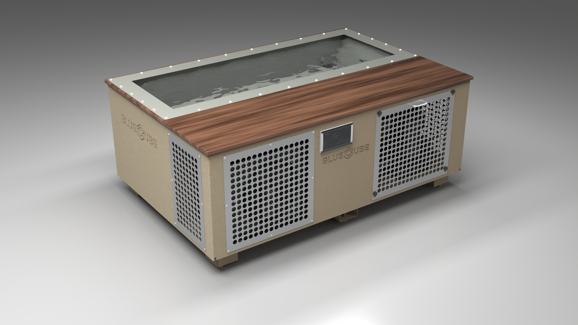 BlueCube C3 cold plunge tub beige with perforated screens with walnut deck with hempcarbon tub left front view [bc color=beige screen=screen deck=walnut tub=hempcarbon view=fl]