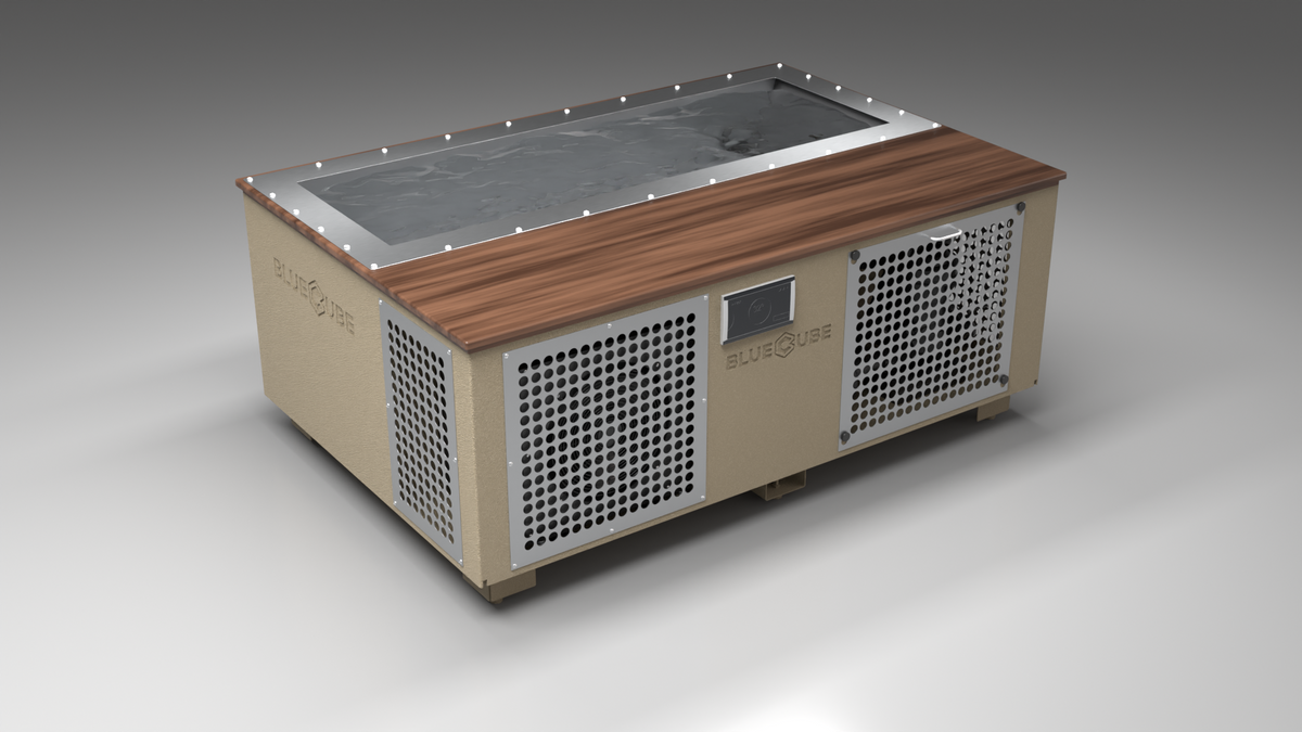 BlueCube C3 cold plunge tub beige with perforated screens with walnut deck left front view [bc color=beige screen=screen deck=walnut tub=stainless view=fl]