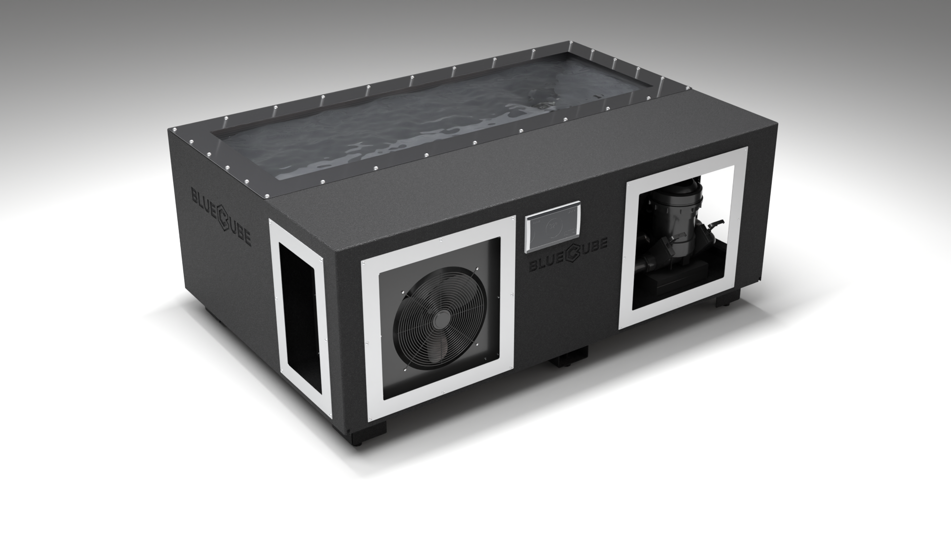 BlueCube C3 cold plunge tub black with carbon fiber tub left front view [bc color=black screen=frame deck=none tub=carbon-fiber view=fl]