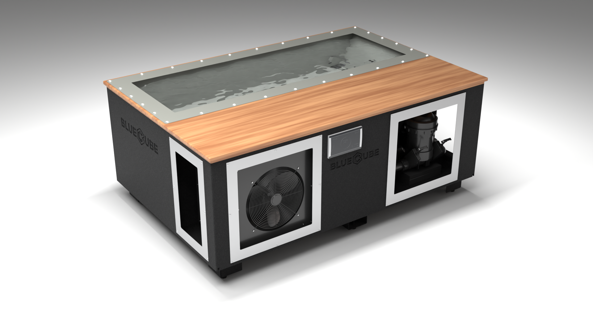 BlueCube C3 cold plunge tub black with mahogany deck with hempcarbon tub left front view [bc color=black screen=frame deck=mahogany tub=hempcarbon view=fl]
