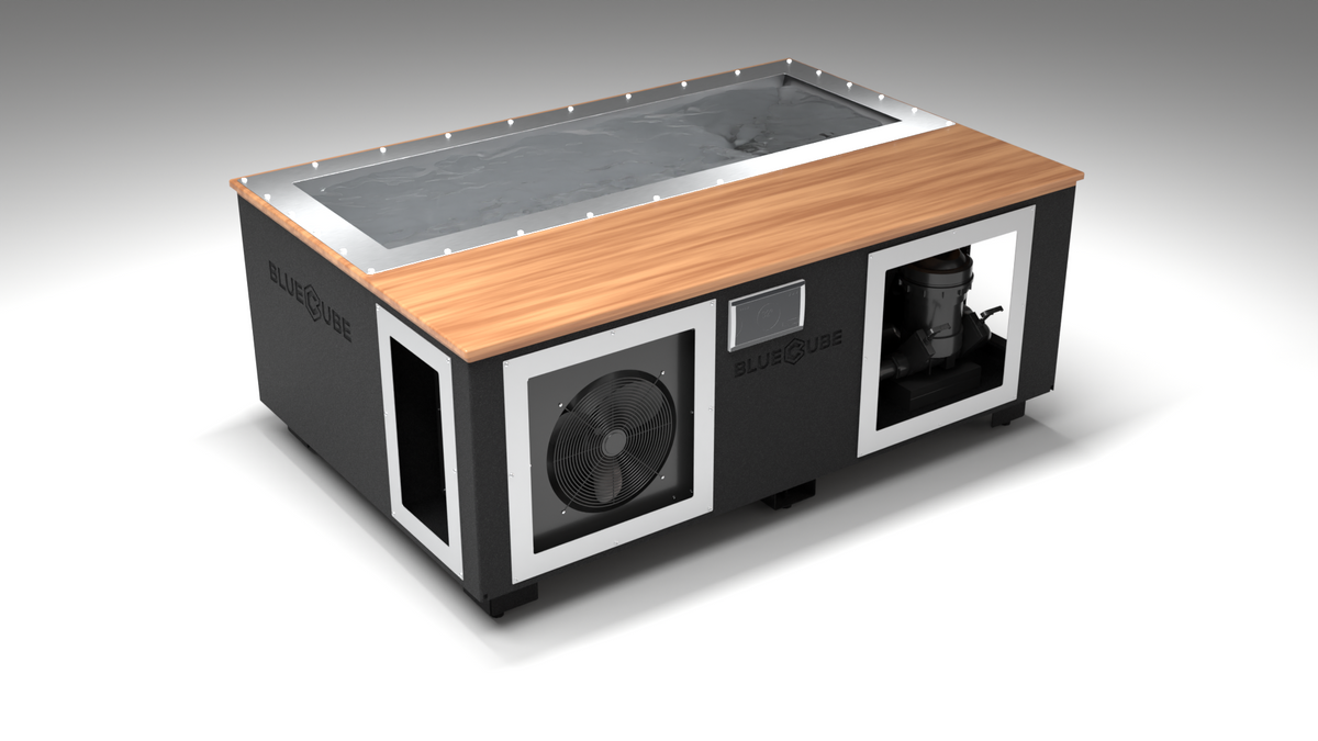 BlueCube C3 cold plunge tub black with mahogany deck left front view [bc color=black screen=frame deck=mahogany tub=stainless view=fl]