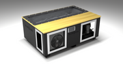 BlueCube C3 cold plunge tub black with white maple deck with carbon fiber tub left front view [bc color=black screen=frame deck=white-maple tub=carbon-fiber view=fl]