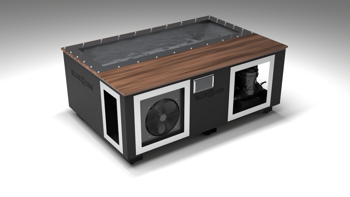 BlueCube C3 cold plunge tub black with walnut deck with carbon fiber tub left front view [bc color=black screen=frame deck=walnut tub=carbon-fiber view=fl]