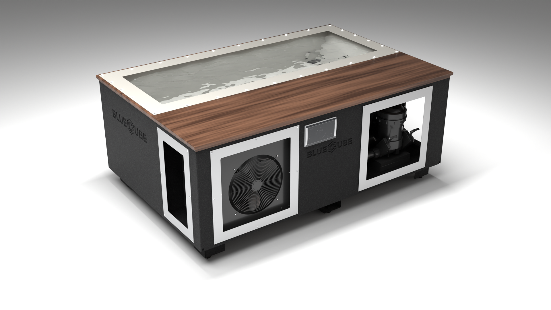 BlueCube C3 cold plunge tub black with walnut deck with gel coated tub left front view [bc color=black screen=frame deck=walnut tub=gel-coated view=fl]