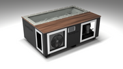 BlueCube C3 cold plunge tub black with walnut deck with hempcarbon tub left front view [bc color=black screen=frame deck=walnut tub=hempcarbon view=fl]