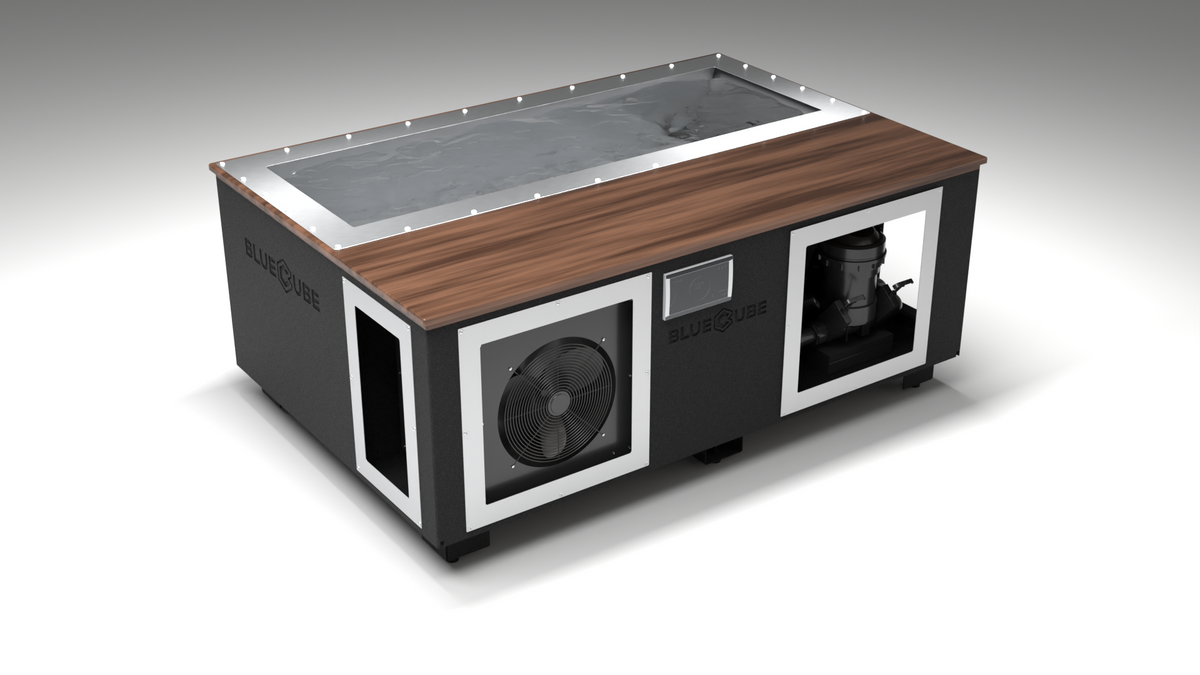 BlueCube C3 cold plunge tub black with walnut deck left front view [bc color=black screen=frame deck=walnut tub=stainless view=fl]