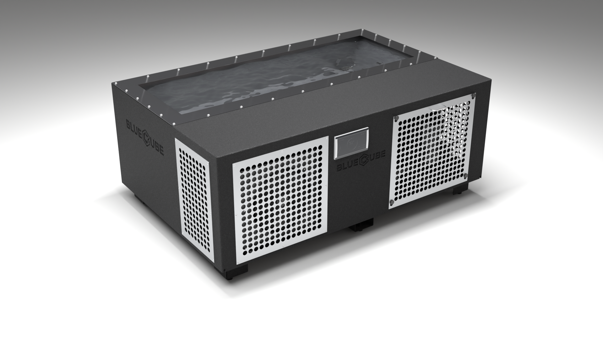 BlueCube C3 cold plunge tub black with perforated screens with carbon fiber tub left front view [bc color=black screen=screen deck=none tub=carbon-fiber view=fl]