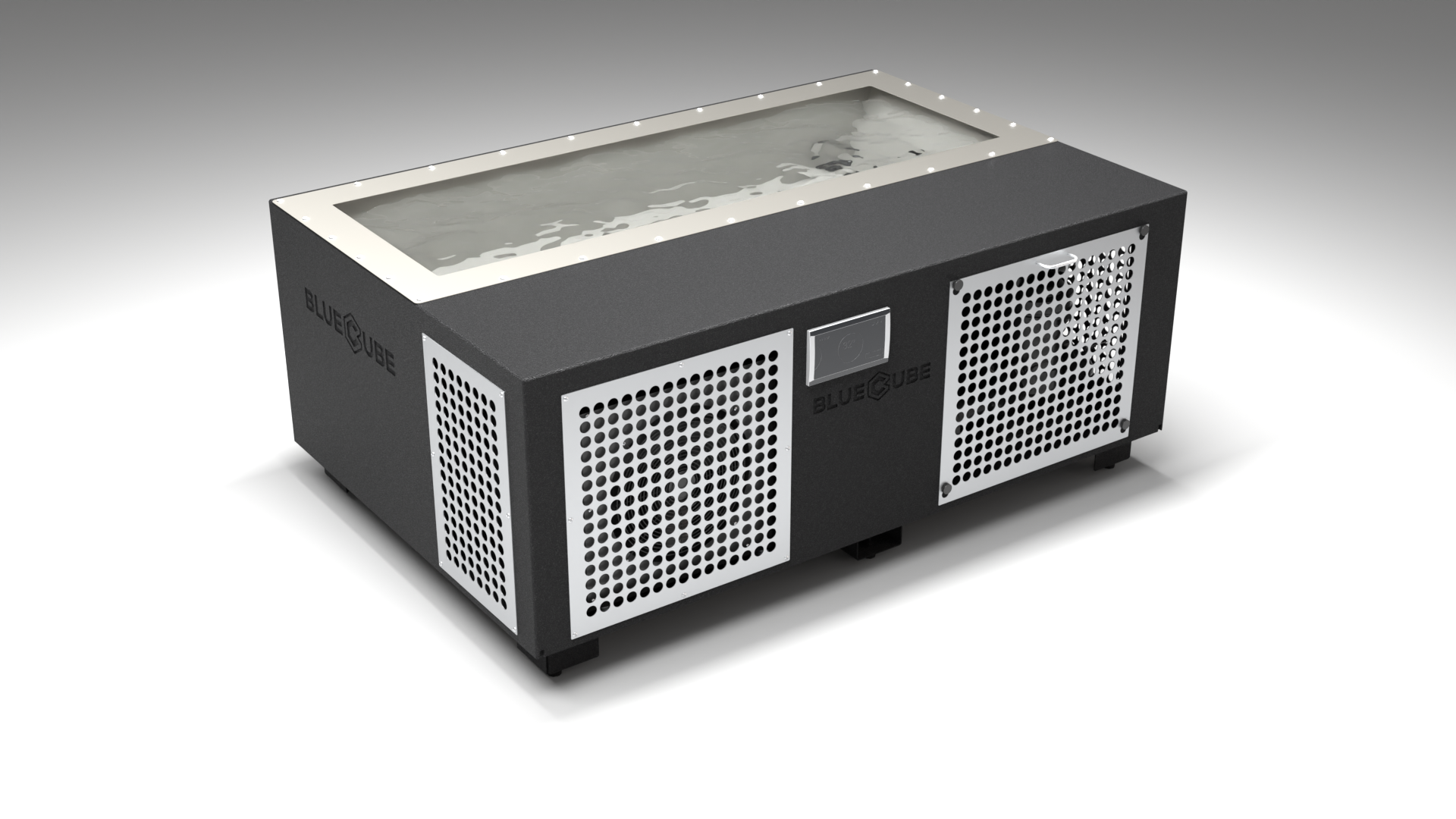BlueCube C3 cold plunge tub black with perforated screens with gel coated tub left front view [bc color=black screen=screen deck=none tub=gel-coated view=fl]